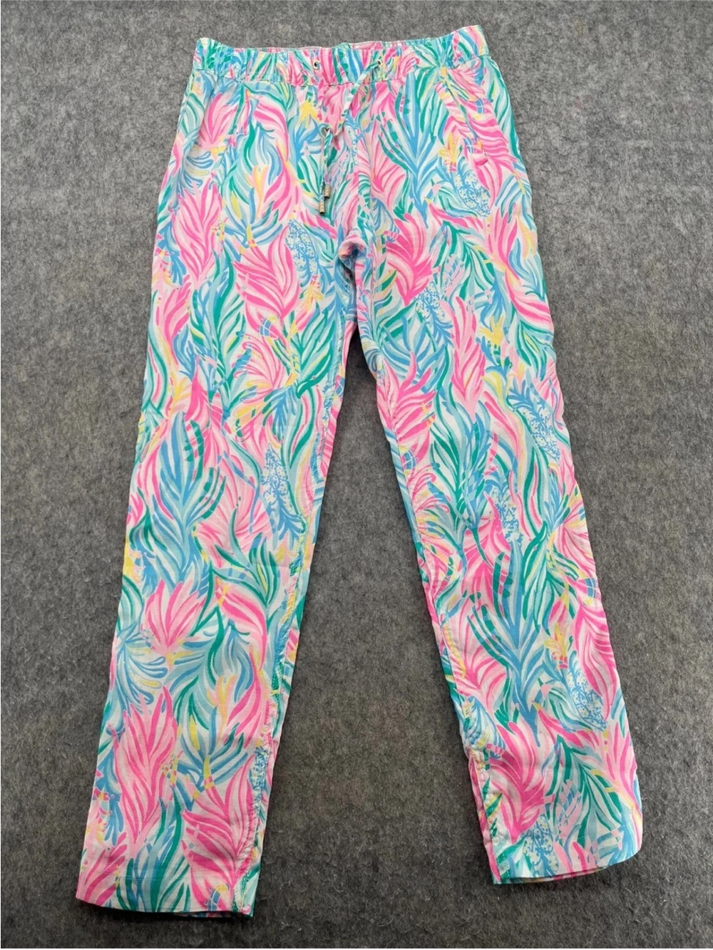 Lilly Pulitzer Pink Teal Yellow Tropical Print Elastic Waist Pants
